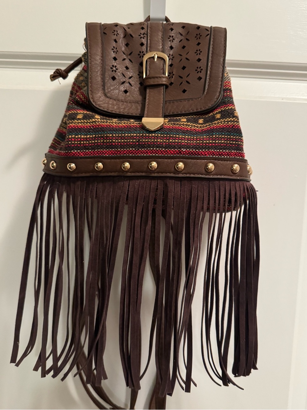 Fringed Brown Woven Crossbody Backpack - Boho Chic